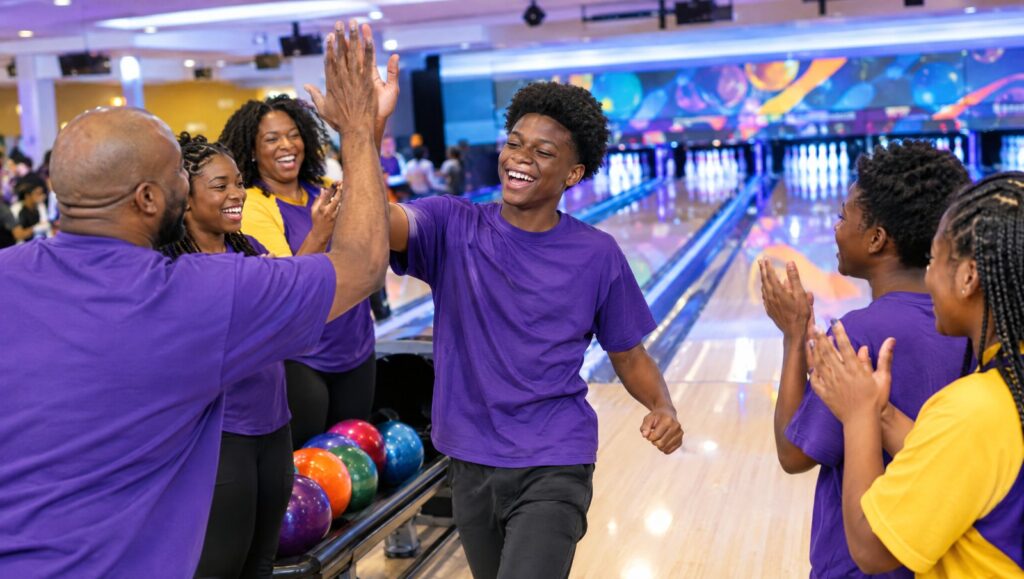 Students and mentors celebrating a strike at Bowl 4 Knowledge