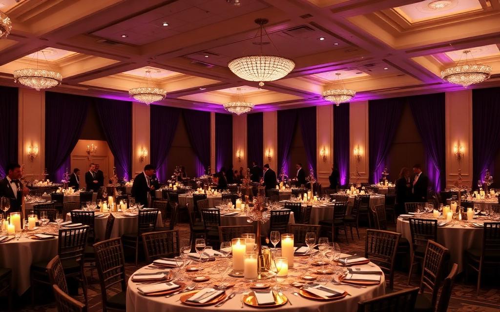 Ballroom set for a formal fundraising dinner