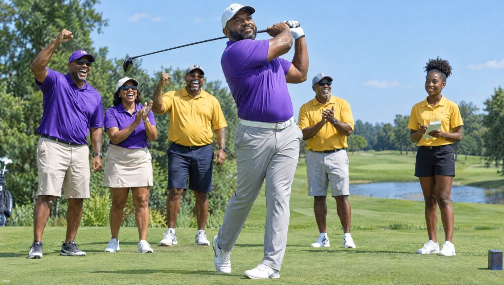 A golfer teeing off as teammates cheer at the Drive 4 Knowledge Golf Classic