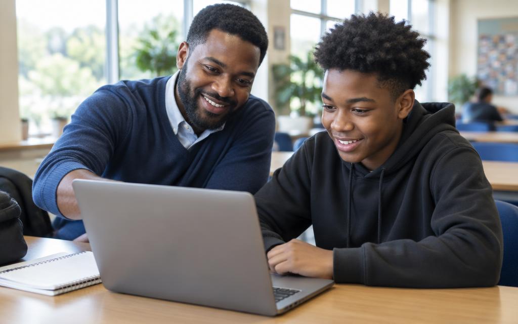 Mentor and student working together on a laptop