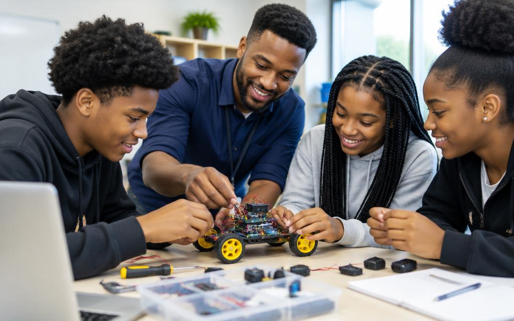 Students building a robot with a mentor