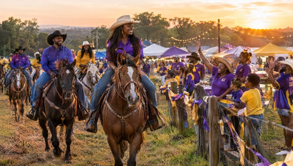Riders on horseback at a community trail ride celebration