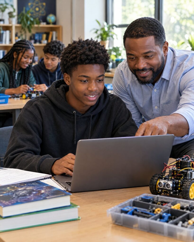 A mentor guiding a student through a STEM project on a laptop